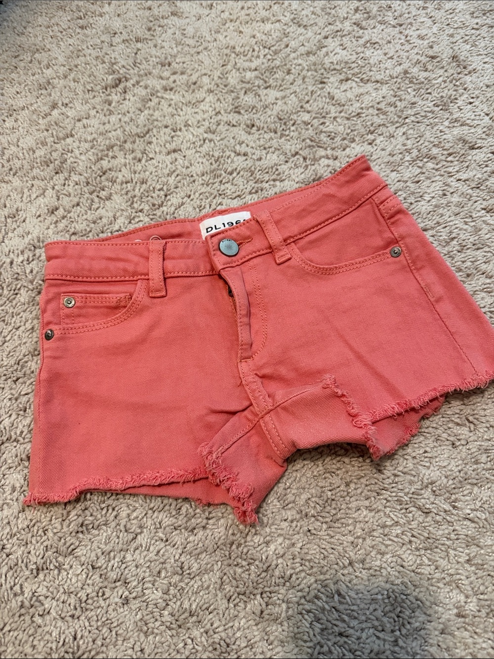 DL1961 Coral Pink Frayed Denim Cutoff Shorts